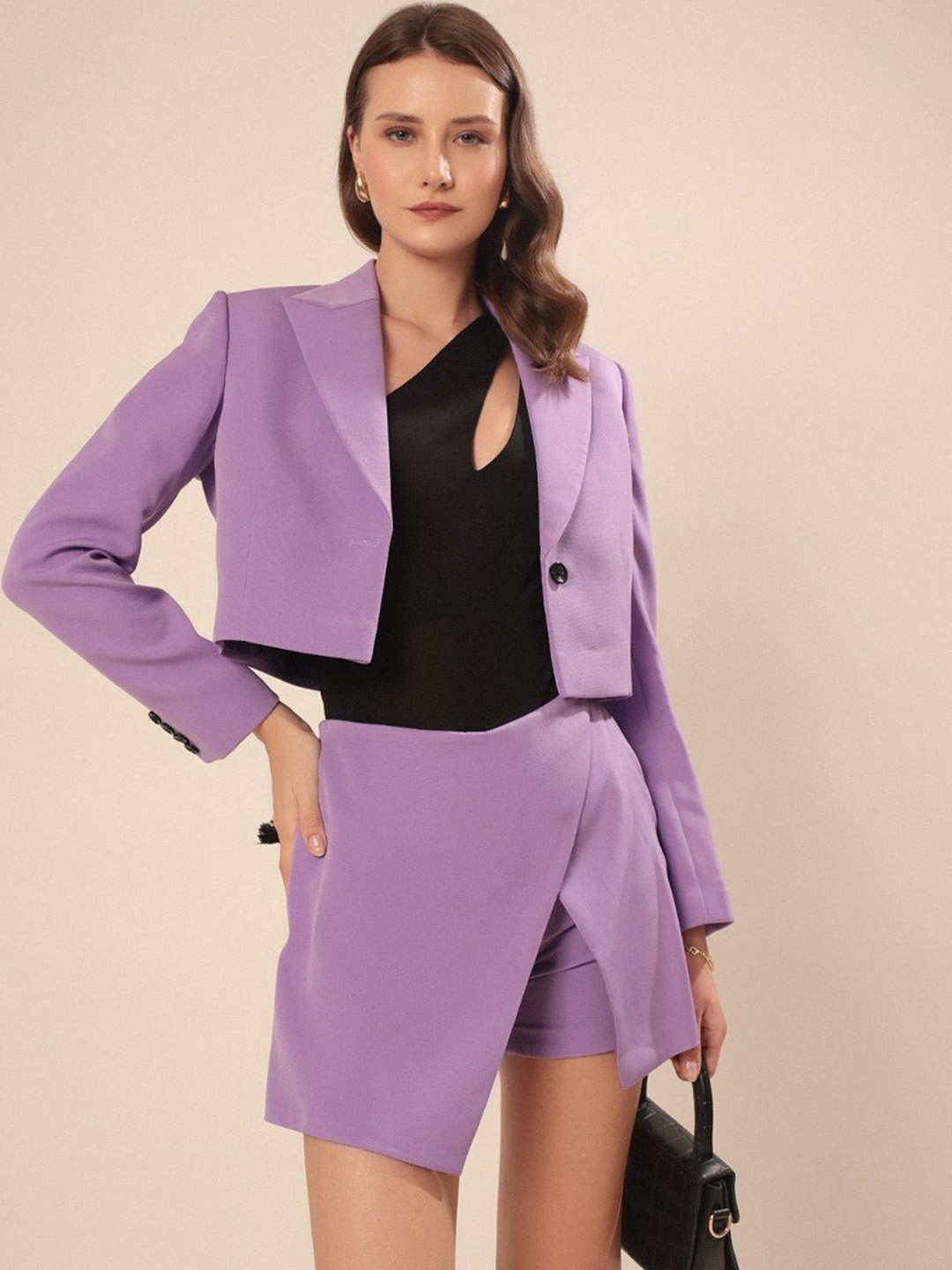 

VOLCAPE SAFIA Peaked Lapel Collar Single-Breasted Slim Fit Cropped Blazer With Skorts, Purple