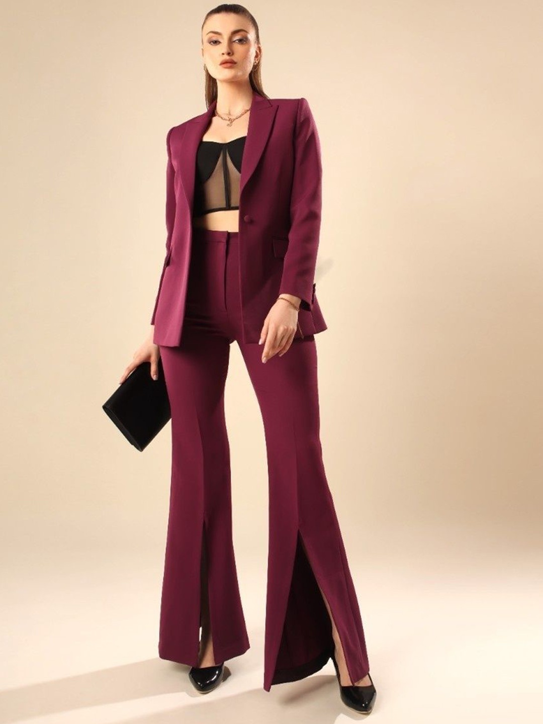 

VOLCAPE JESSI Peaked Lapel Collar Single-Breasted Slim Fit Blazer With Trousers, Maroon