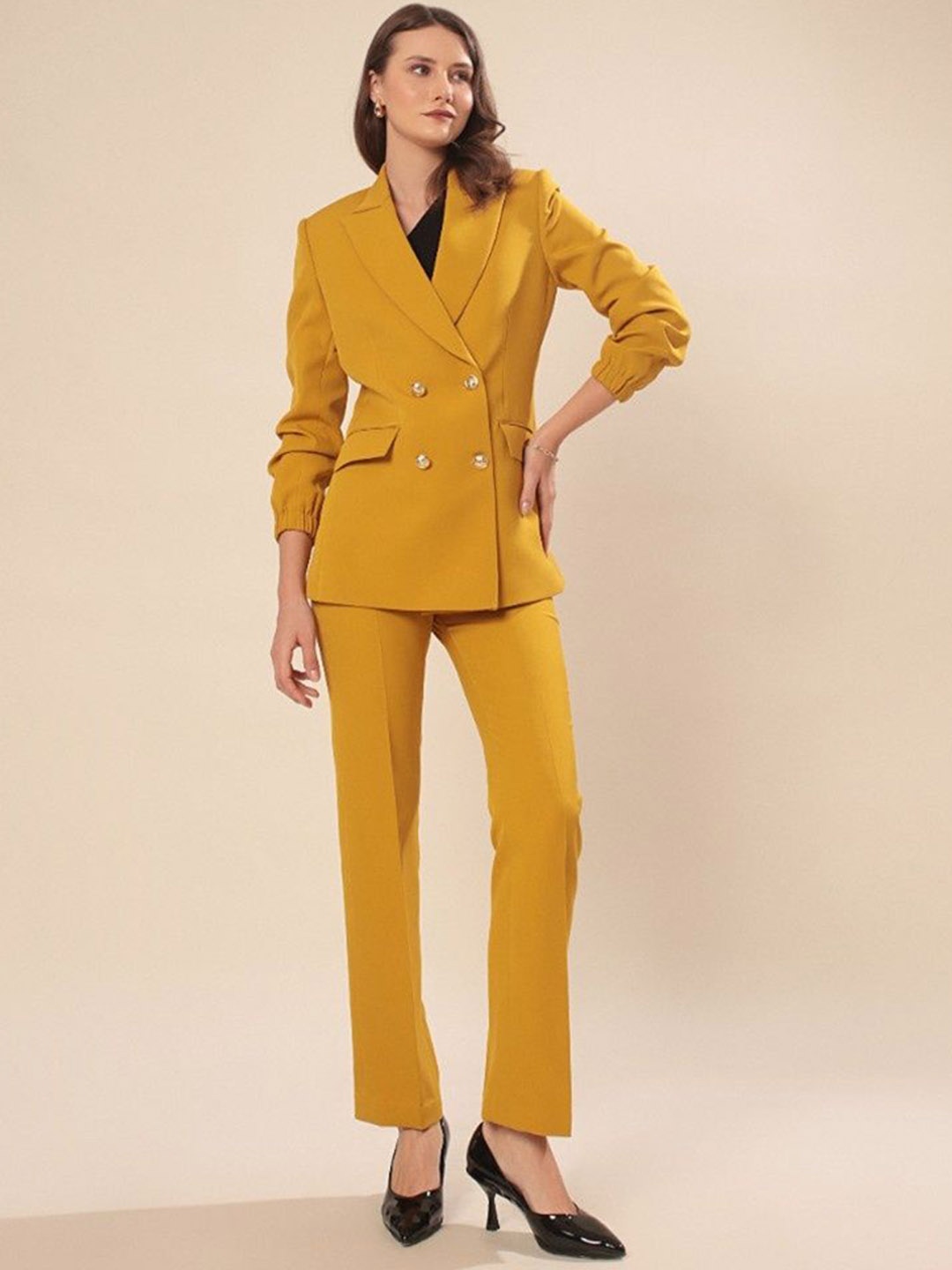 

VOLCAPE MORGAN Peaked Lapel Collar Double-Breasted Slim Fit Blazer With Trousers, Mustard