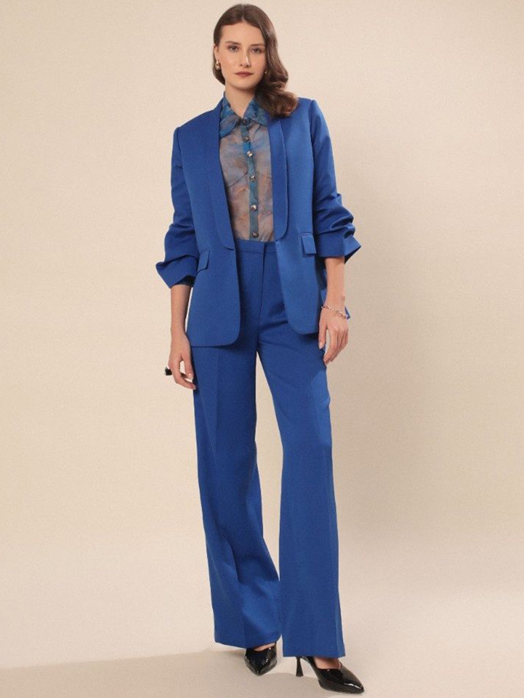 

VOLCAPE LEONA Shawl Collar Long Sleeves Single-Breasted Slim Fit Blazer With Trousers, Blue