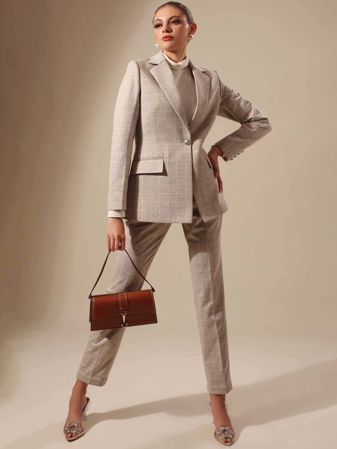 

VOLCAPE AUDREY Checked Notched Lapel Collar Single-Breasted Slim Fit Blazer With Trousers, Beige
