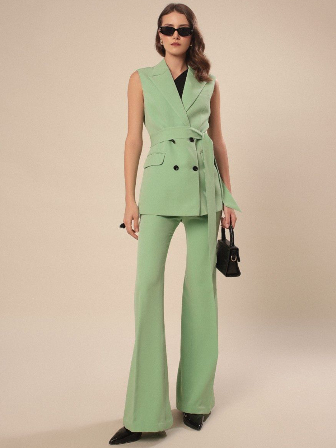 

VOLCAPE SEREN Peaked Lapel Collar Double-Breasted Slim Fit Waistcoat With Trousers, Green