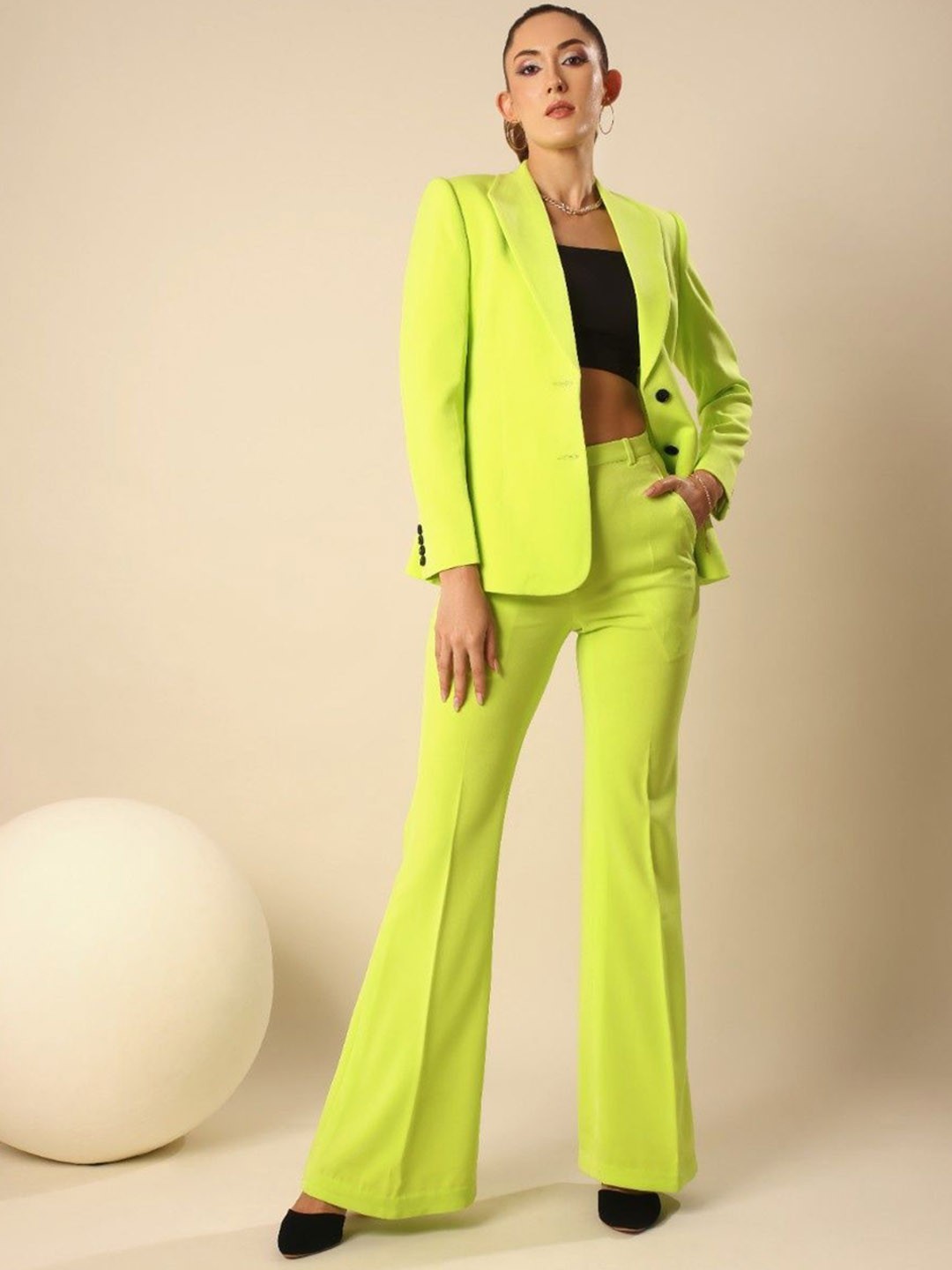 

VOLCAPE ANNE Shawl Collar Long Sleeves Single-Breasted Slim Fit Blazer With Trousers, Lime green