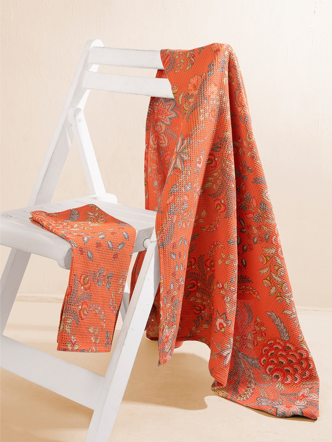 

HotGown Orange & Grey 2 Pieces Floral Printed Cotton 400 GSM Towel Set
