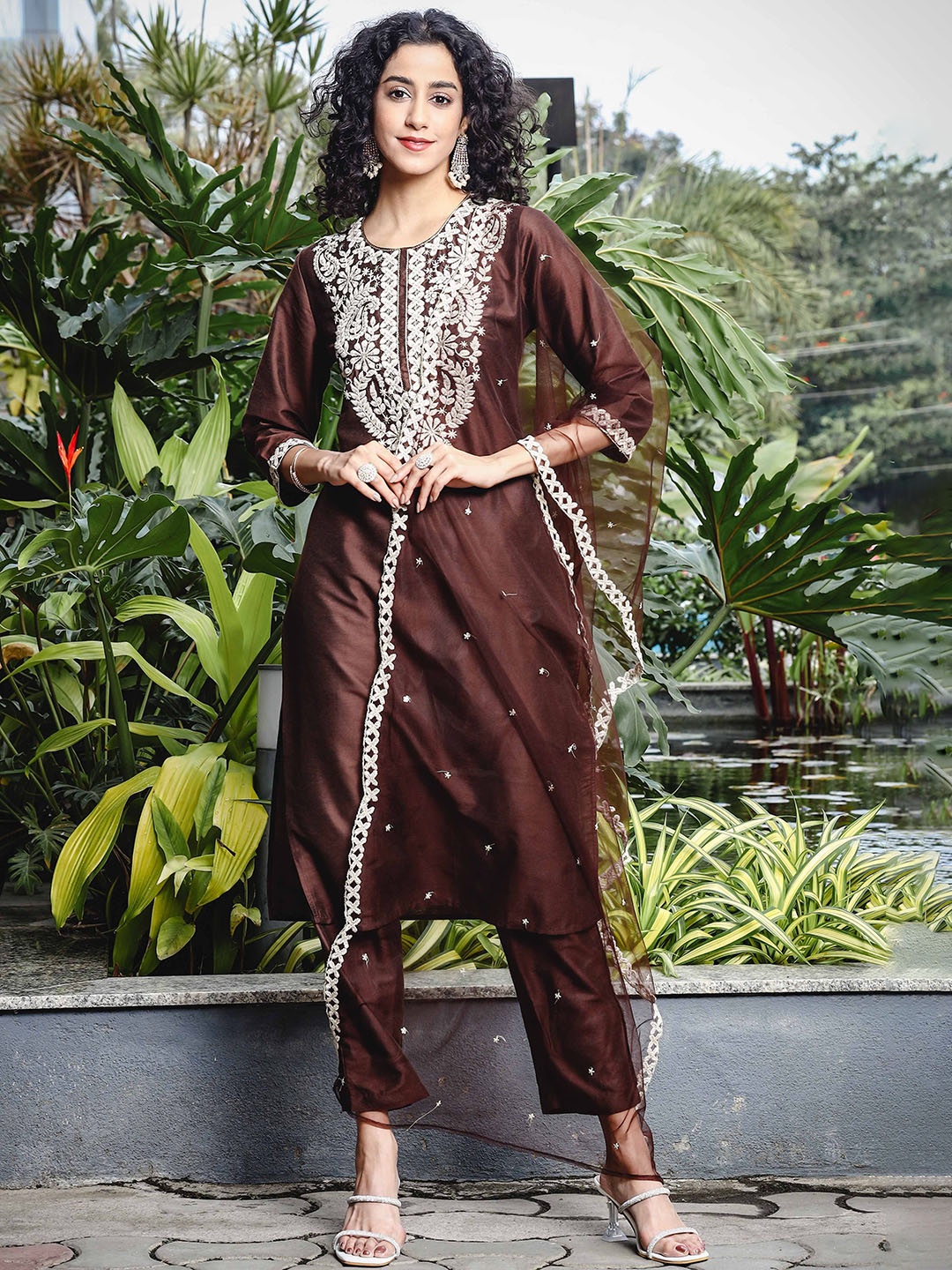 

Anouk Brown Ethnic Motifs Embroidered Round-Neck Straight Kurta With Trouser & Dupatta