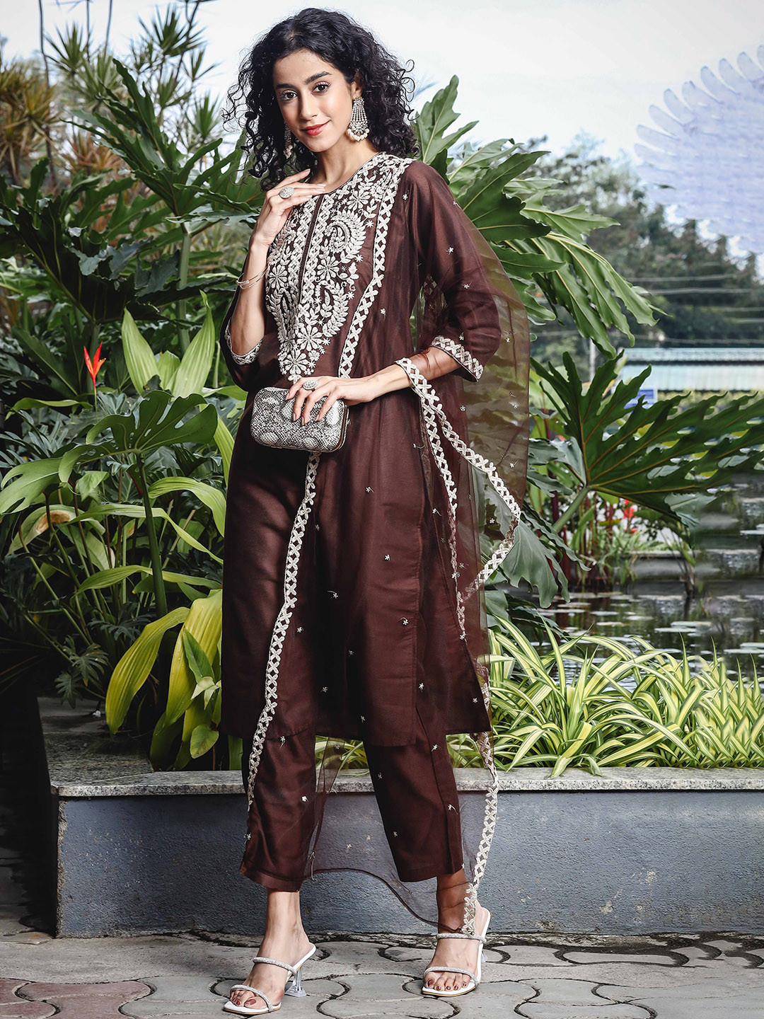 Anouk Brown Ethnic Motifs Embroidered Round-Neck Straight Kurta With Trouser 