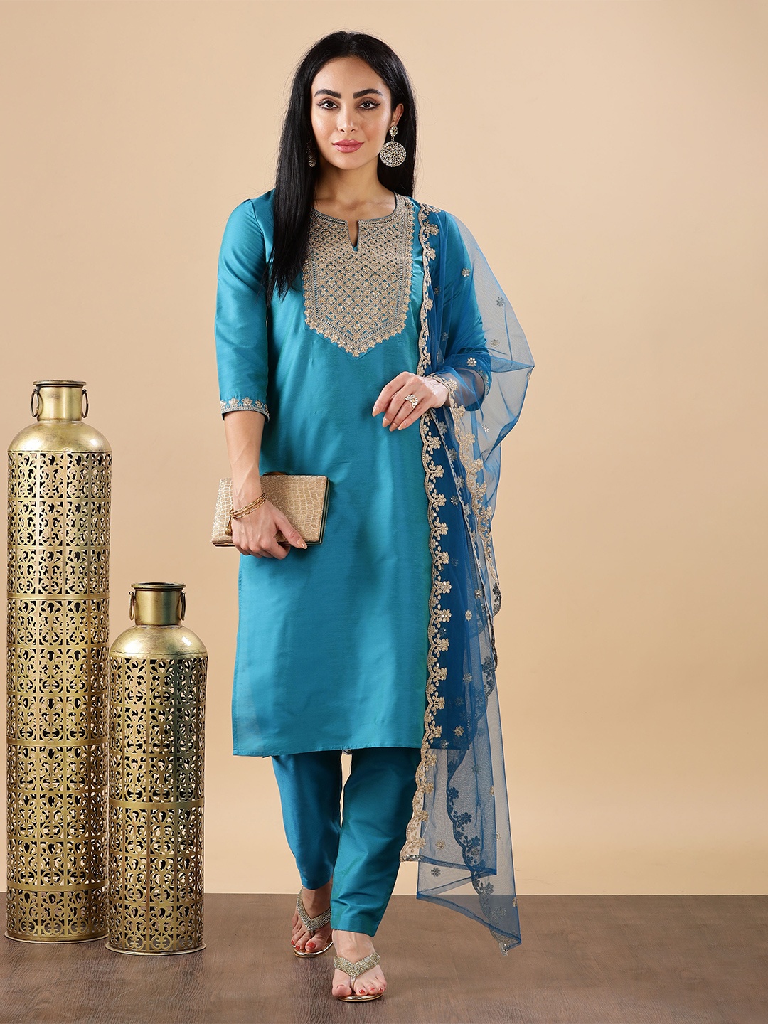 

Anouk Blue Ethnic Motifs Embroidered Notch-Neck Straight Kurta With Trouser & Dupatta