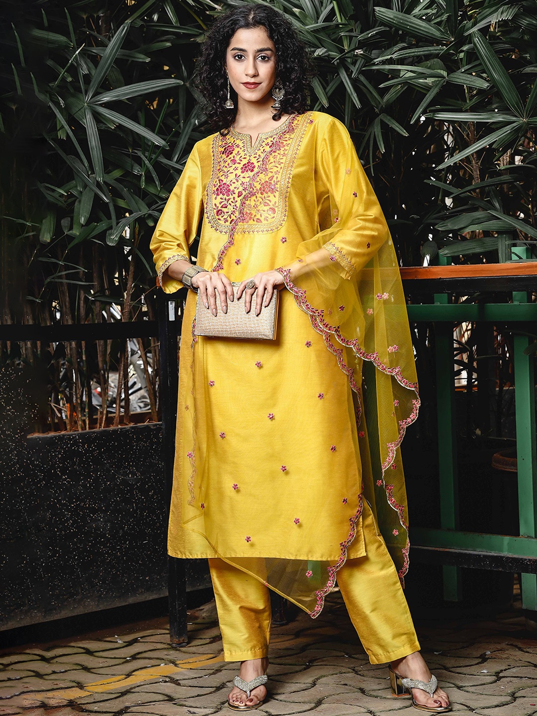 

Anouk Yellow Ethnic Motifs Embroidered Notch-Neck Straight Kurta With Trouser & Dupatta