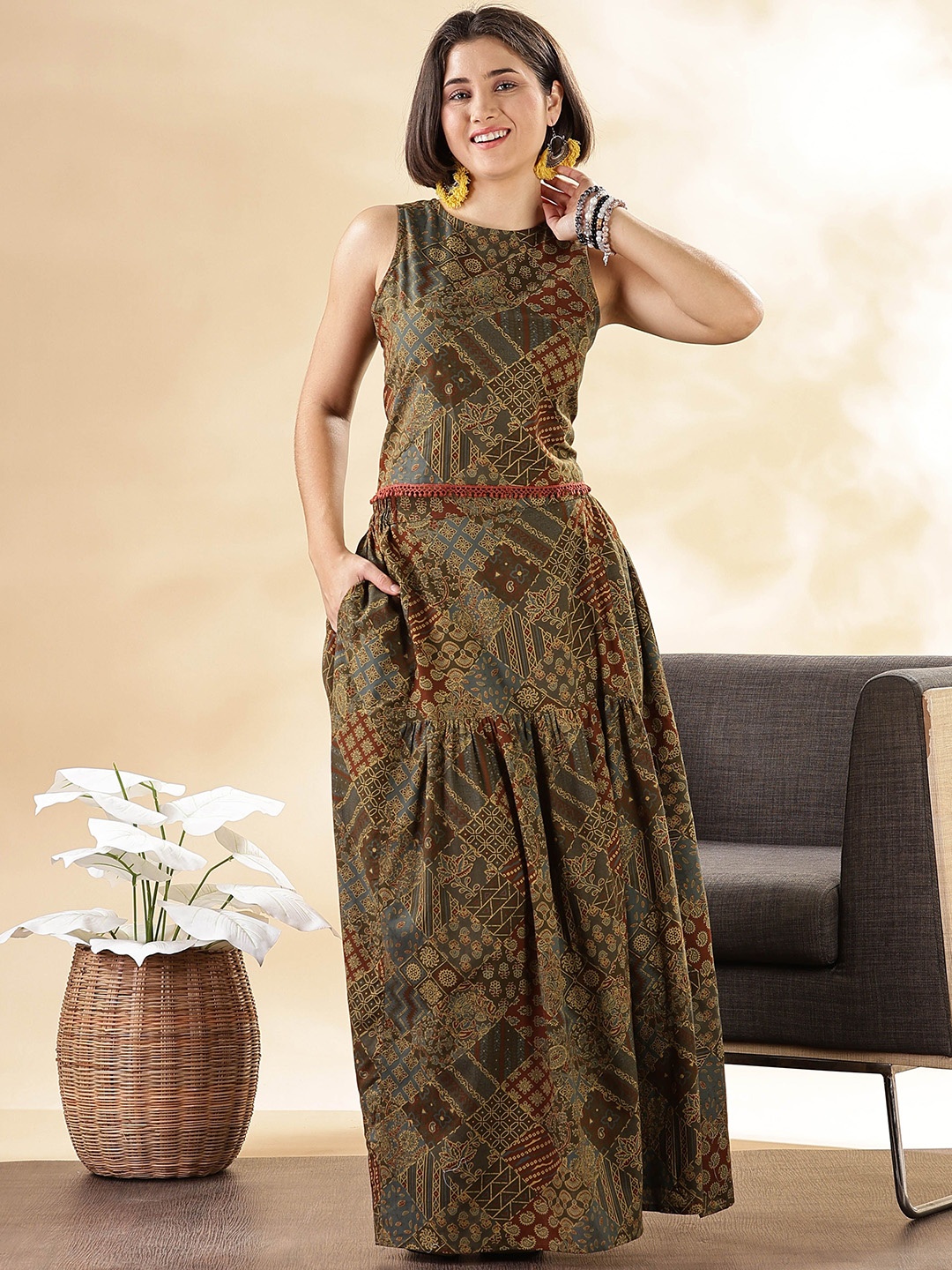 

Anouk Olive Ethnic Motifs Printed Boat Neck Pure Cotton Top With Skirt