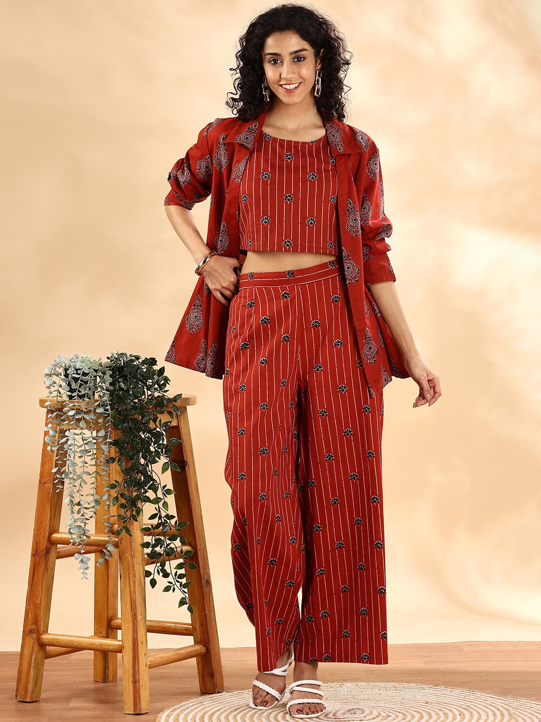

Anouk Rust Ethnic Motifs Printed Pure Cotton Crop Top With Palazzo And Jacket