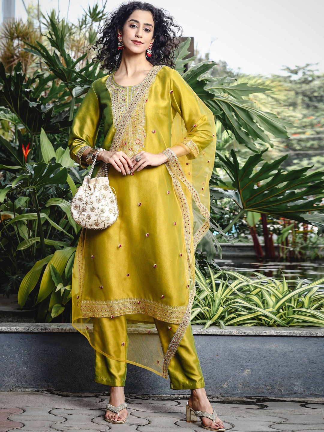 

Anouk Green Ethnic Motifs Embellished Round-Neck Straight Kurta With Trouser & Dupatta, Lime green