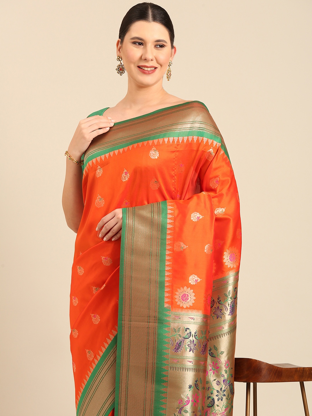 

Mitera Ethnic Motifs Woven Design Zari Paithani Saree, Orange