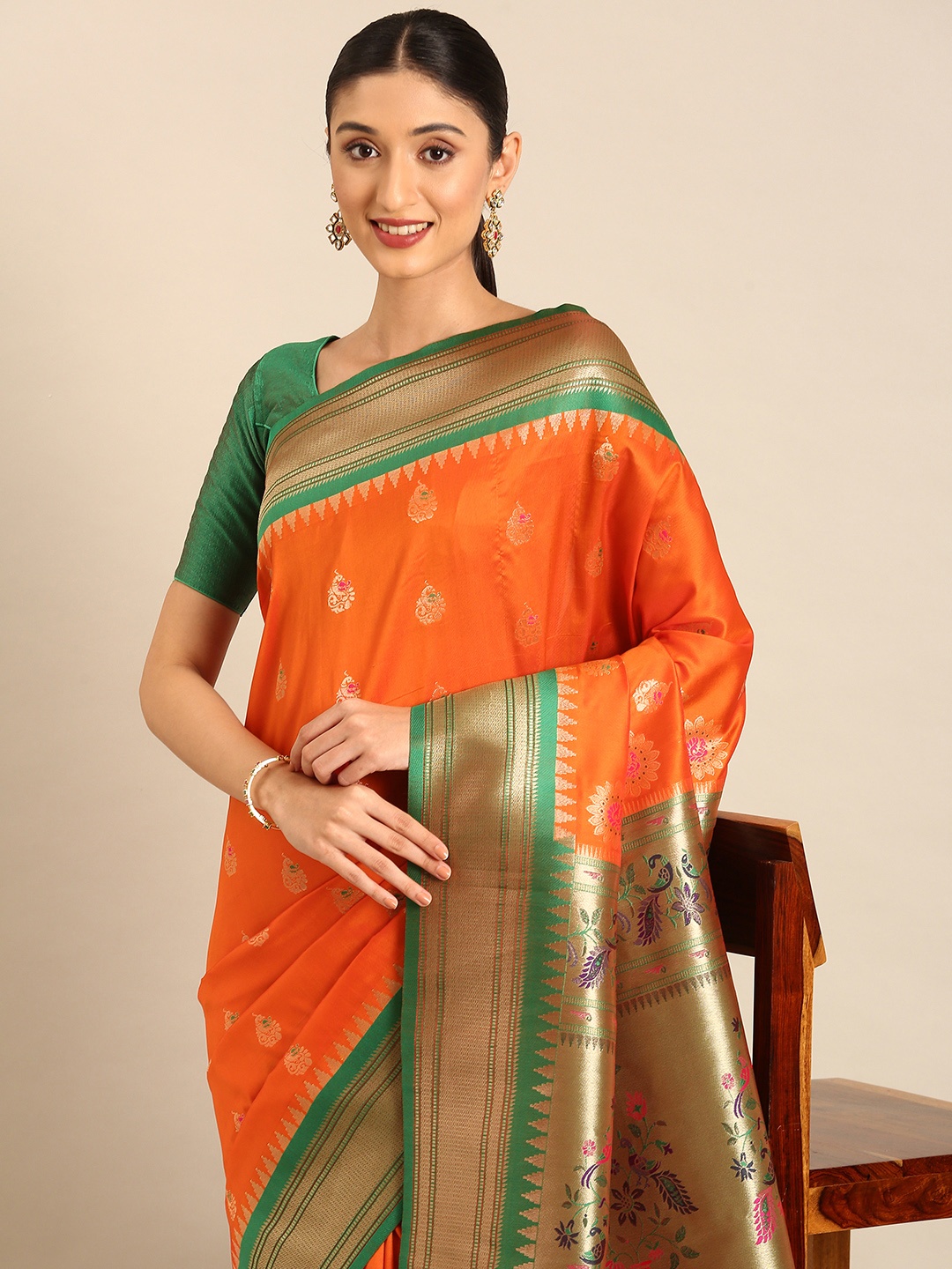 

Mitera Ethnic Motifs Woven Design Zari Paithani Saree, Orange