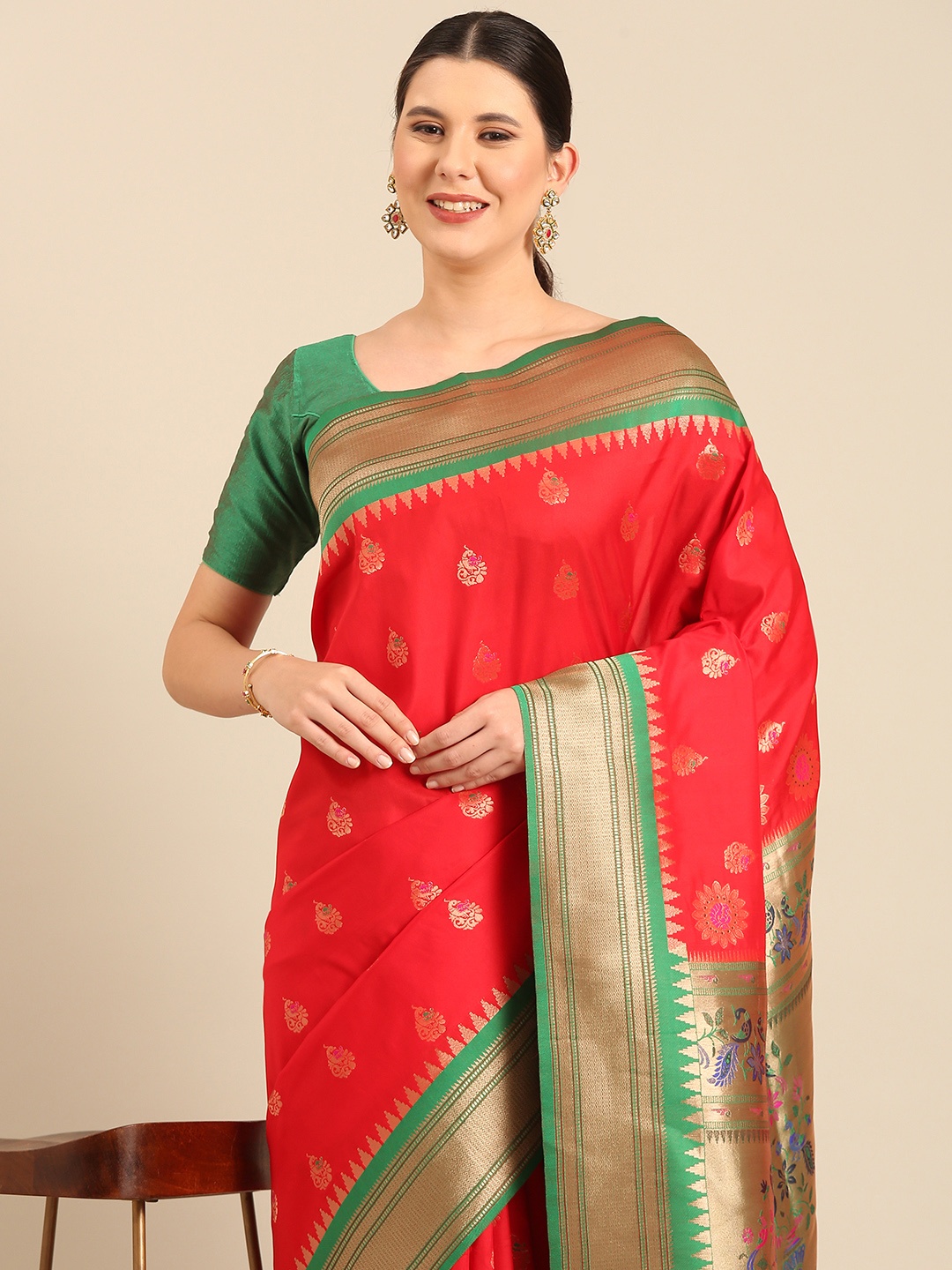 

Mitera Ethnic Motifs Woven Design Zari Paithani Saree, Red