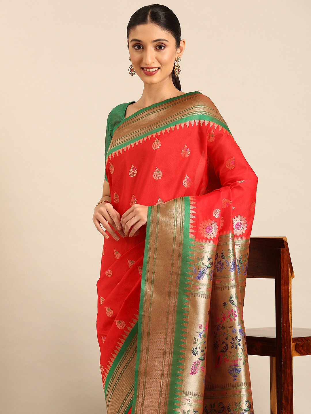 

Mitera Ethnic Motifs Woven Design Zari Paithani Saree, Red