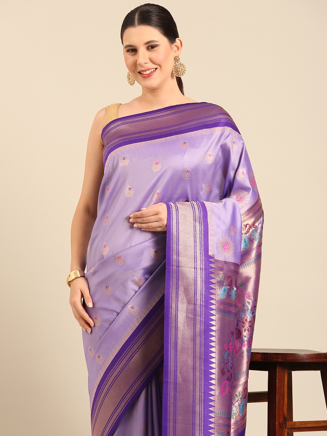 

Mitera Ethnic Motifs Woven Design Zari Paithani Saree, Lavender