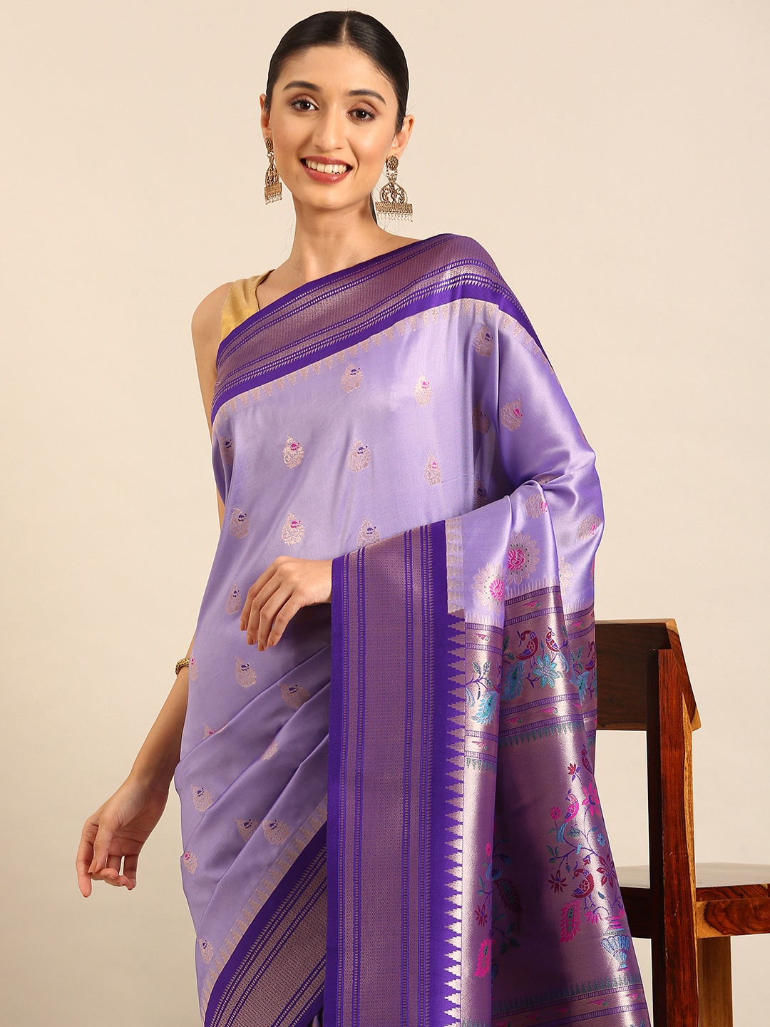 

Mitera Ethnic Motifs Woven Design Zari Paithani Saree, Lavender