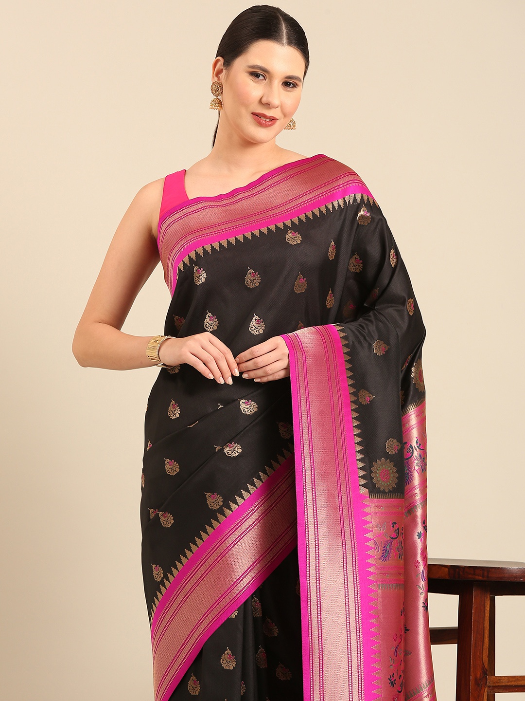 

Mitera Ethnic Motifs Woven Design Zari Paithani Saree, Black