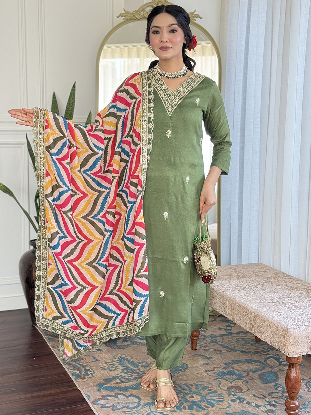 

S.K.C Floral Embroidered V-Neck Sequinned Straight Kurta With Trousers & Dupatta, Green