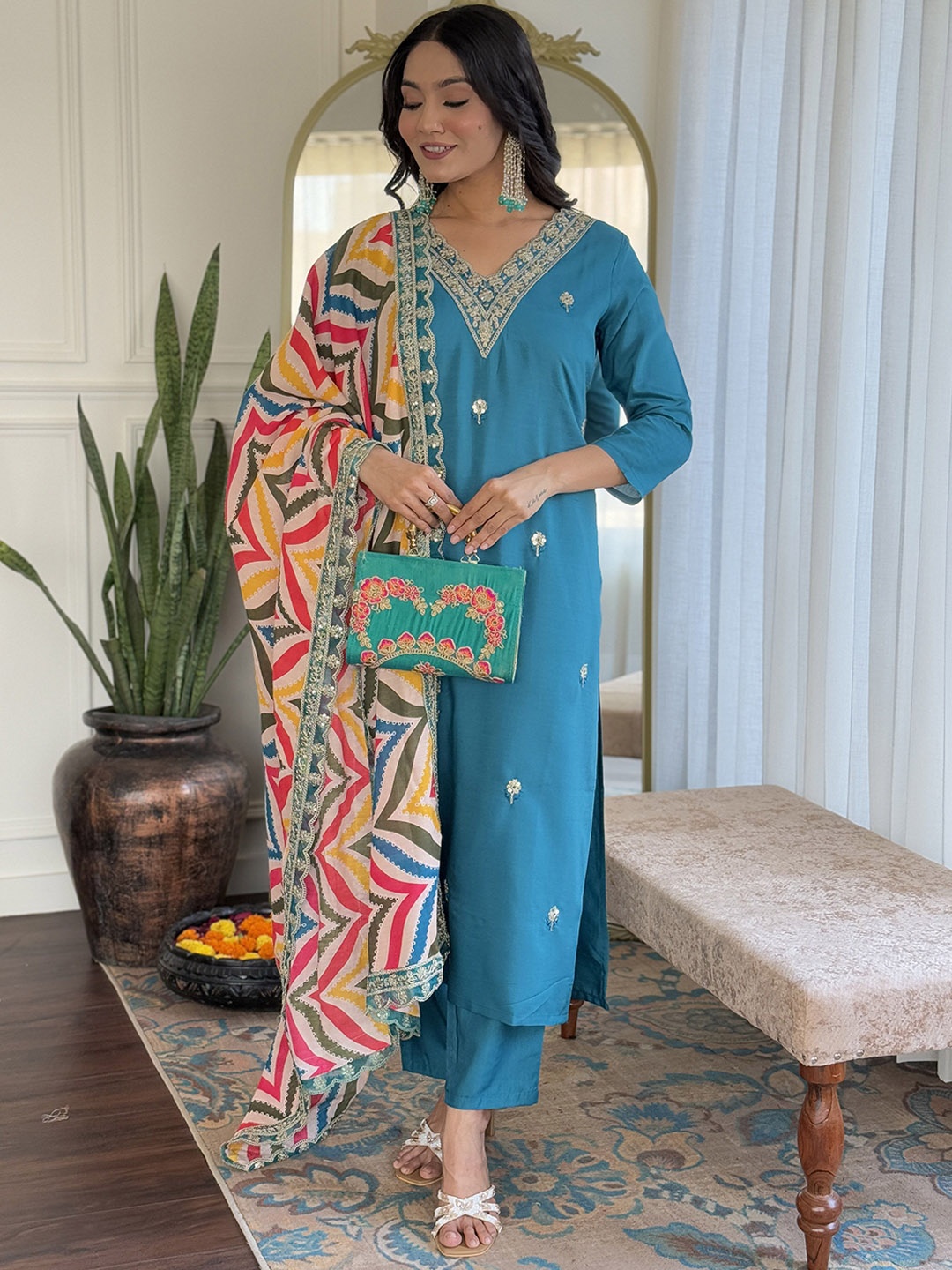 

S.K.C Floral Embroidered V-Neck Sequinned Straight Kurta With Trousers & Dupatta, Teal