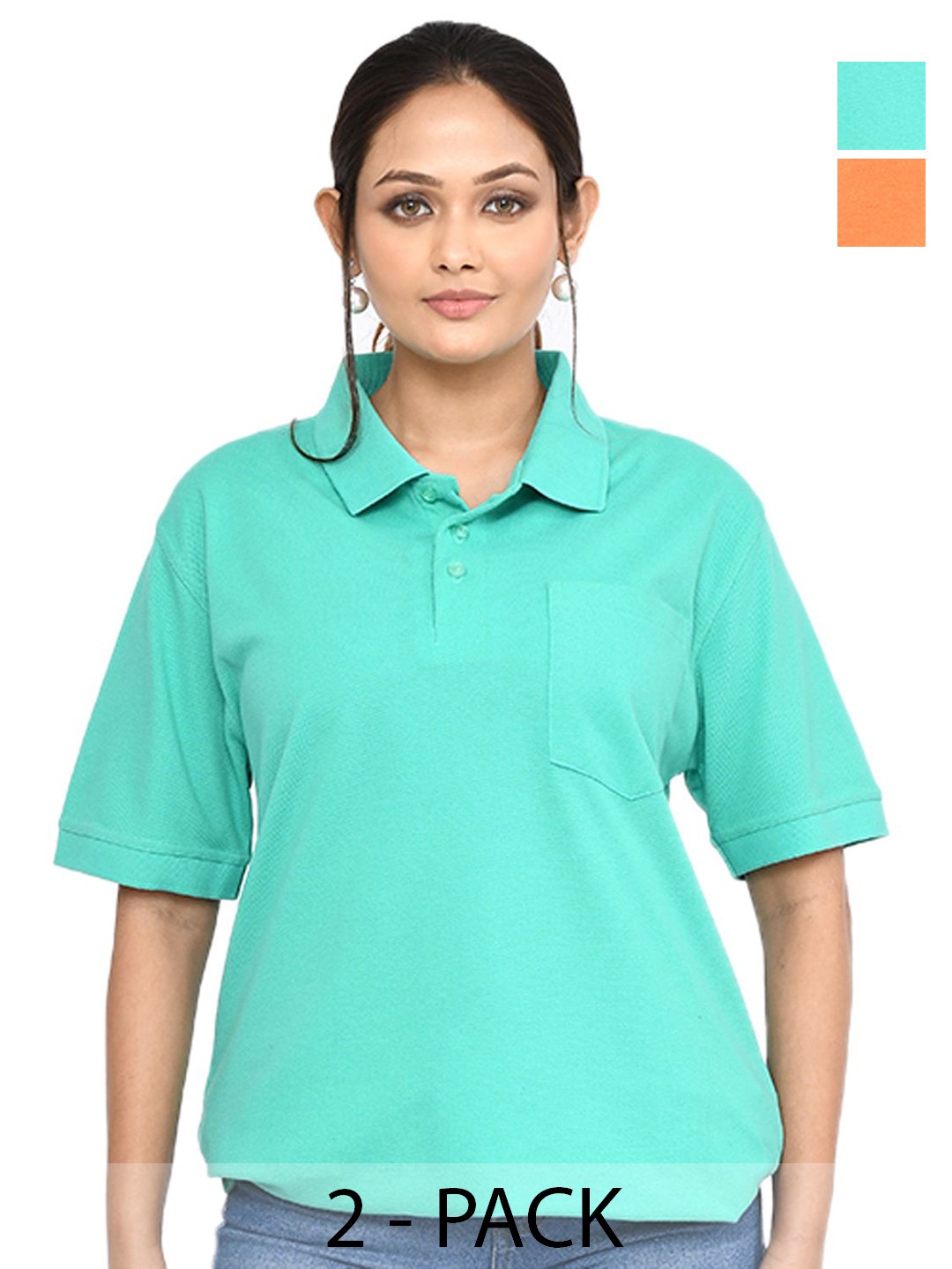

RAPL Women Pack Of 2 Solid Polo Collar Relaxed Fit Drop-shoulder Sleeves Casual T-shirt, Blue