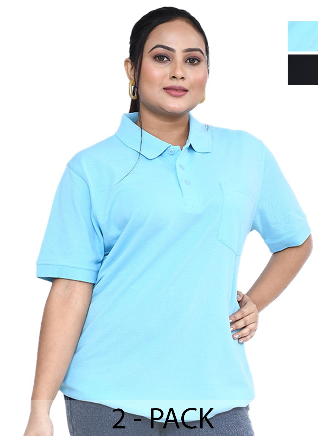 

RAPL Women Pack Of 2 Solid Polo Collar Relaxed Fit Drop-shoulder Sleeves Casual T-shirt, Blue