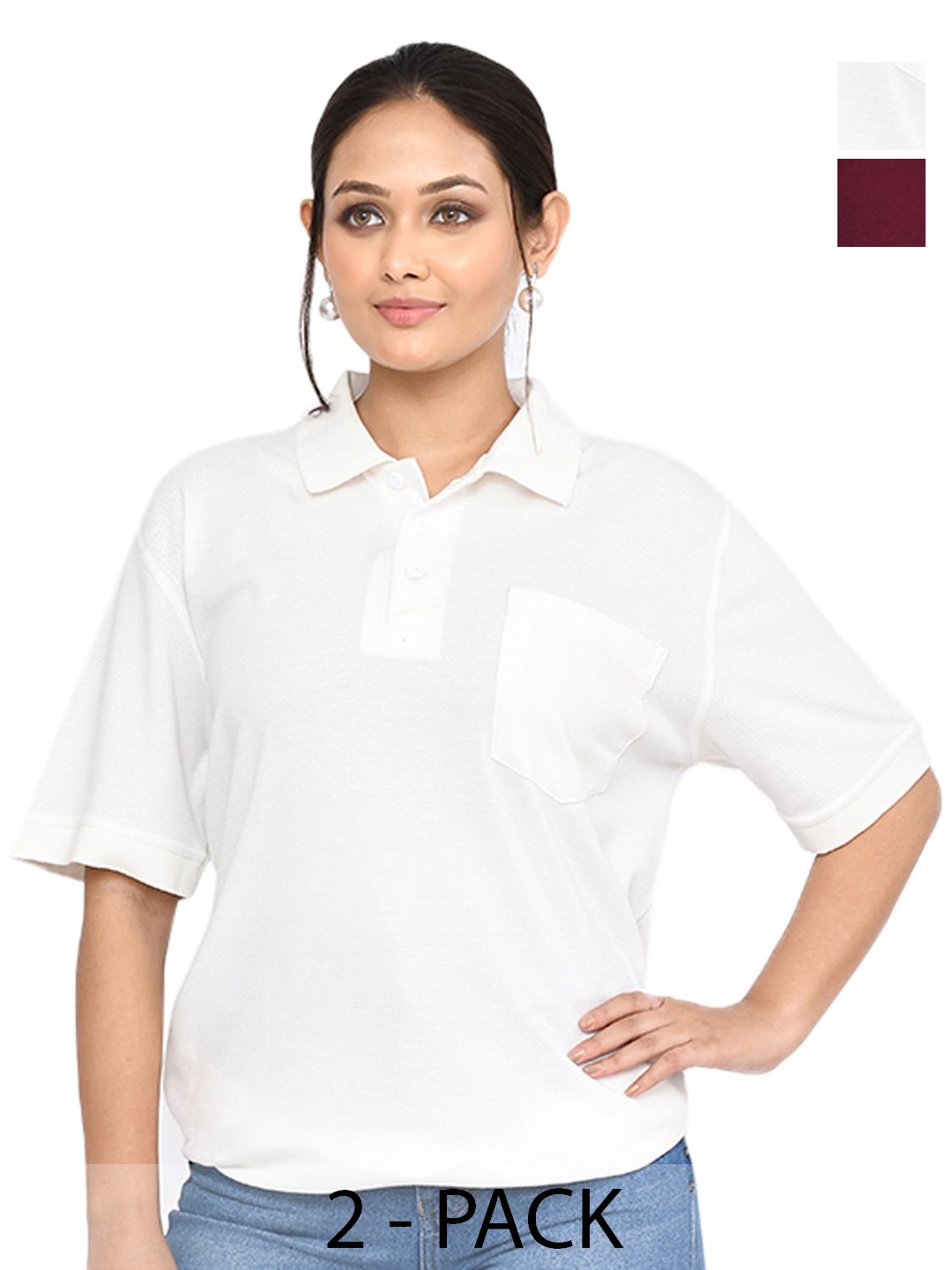 

RAPL Women Pack Of 2 Solid Polo Collar Relaxed Fit Drop-shoulder Sleeves Casual T-shirt, White