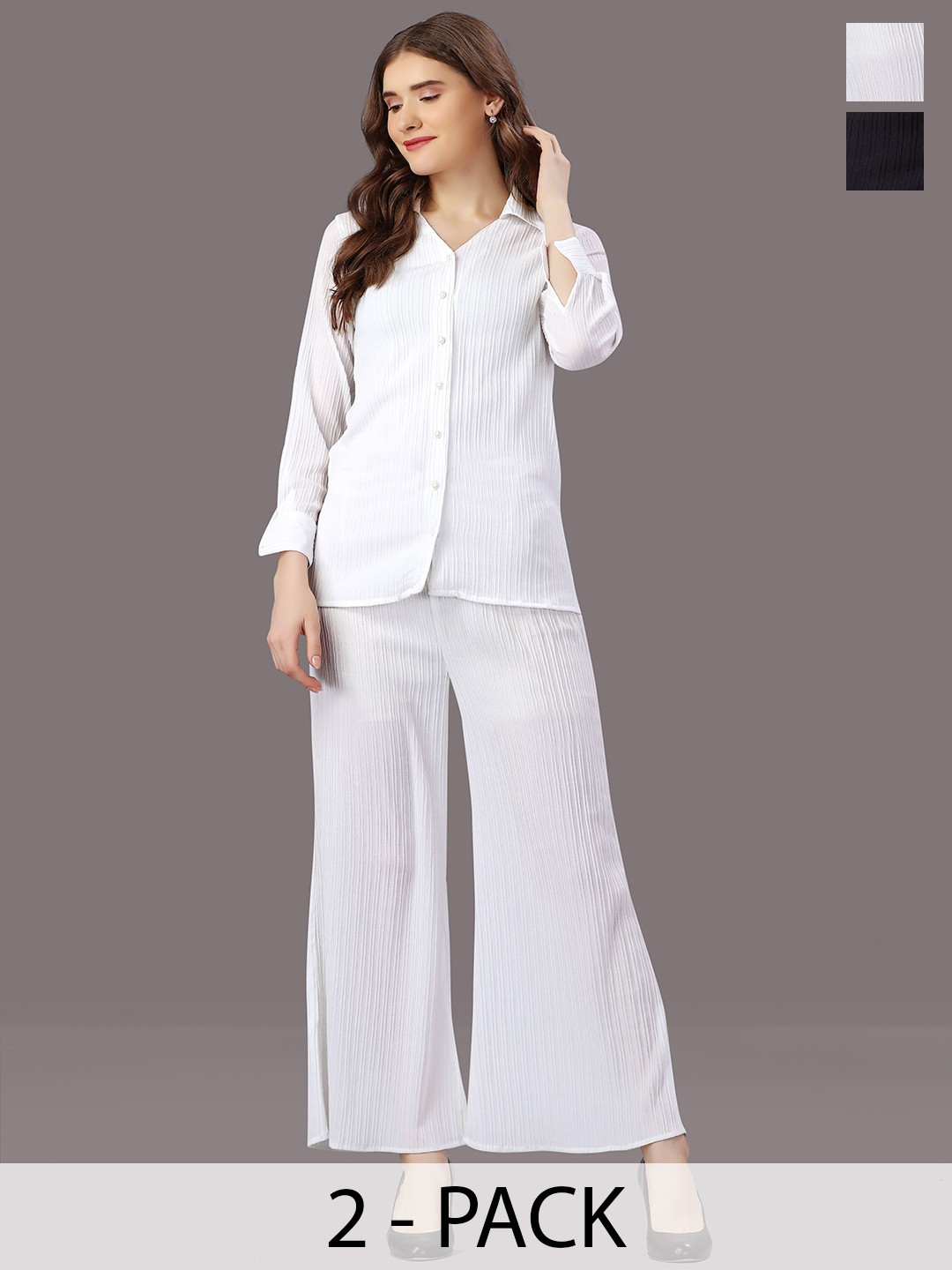 

HOUSE OF MIRA Pack Of 2 Self Design Shirt Collar Shirt With Palazzos, White