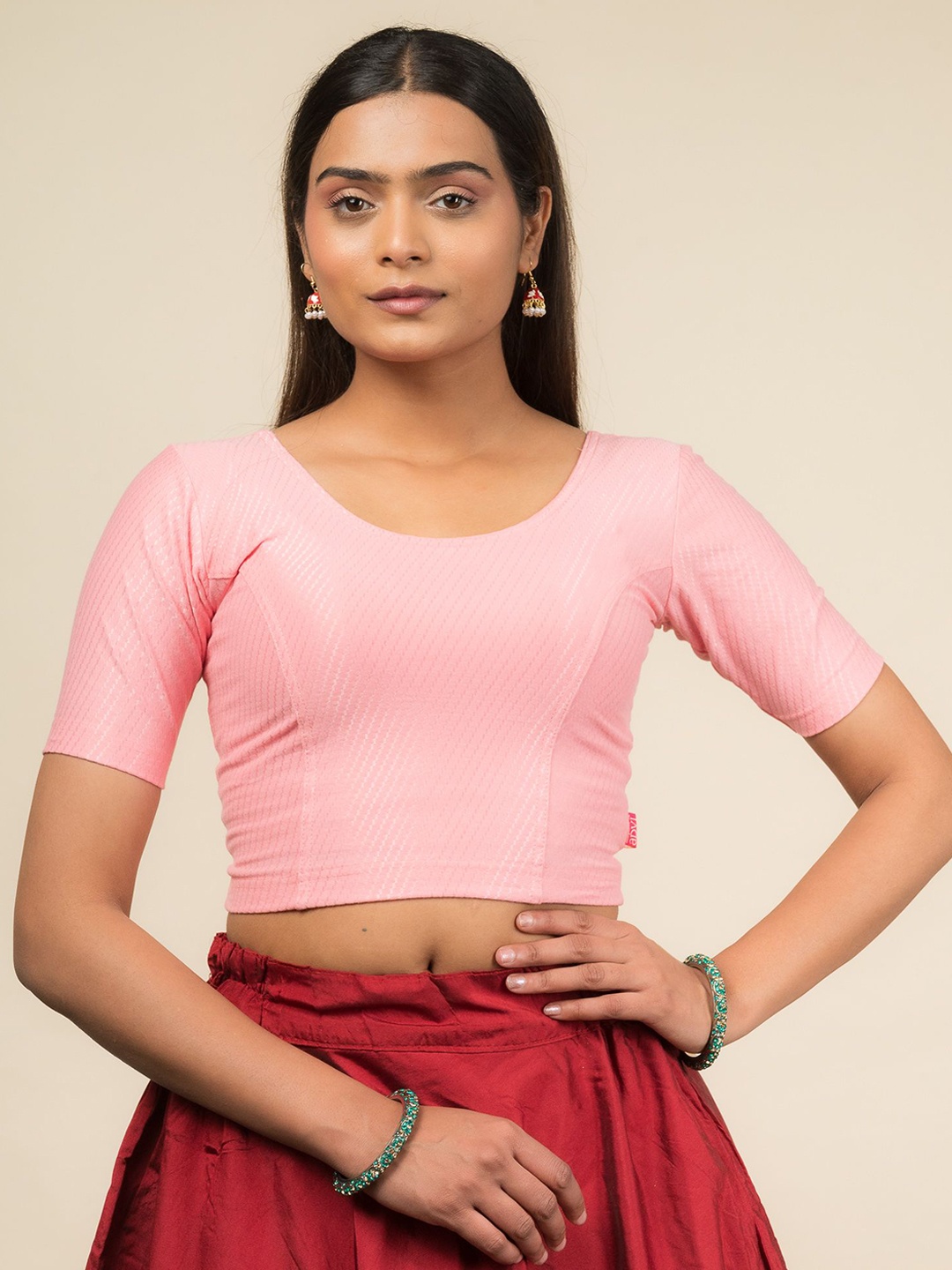 

Bindigasm's Advi Self Design Cotton Stretchable Slip On Saree Blouse, Rose