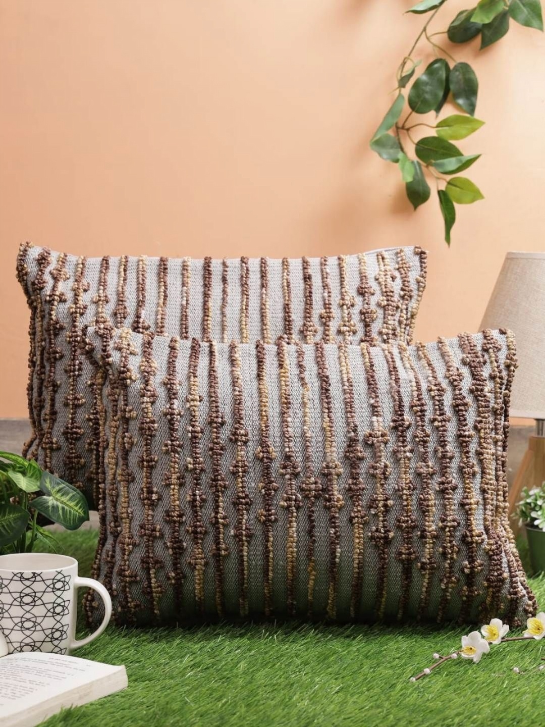 

Aura Brown & Grey 2 Pieces Striped Printed Woollen Rectangle Cushion Covers