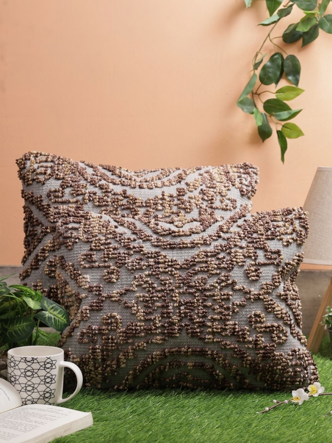 

Aura Grey And Brown 2 Pieces Abstract Embellished Wool Rectangle Cushion Covers