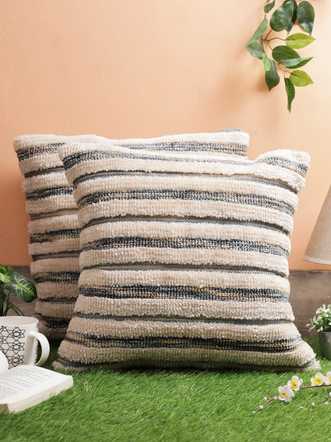 

Aura Beige & Grey 2 Pieces Striped Woollen Square Cushion Covers