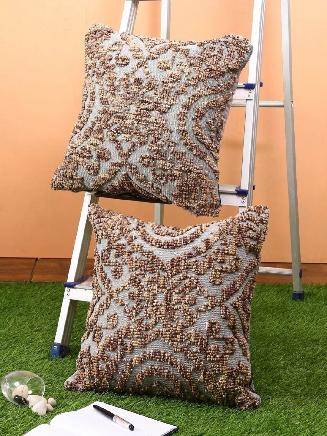 

Aura Brown & Grey 2 Pieces Ethnic Motifs Woollen Square Cushion Covers