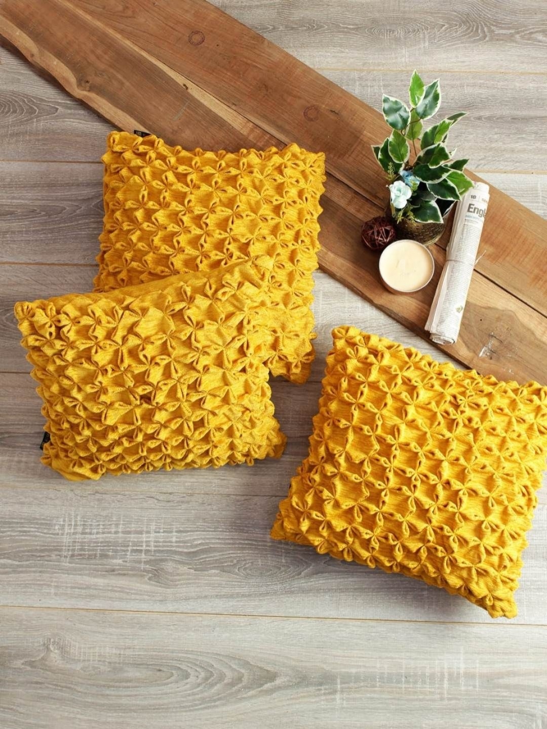 

Aura Yellow 3 Pcs Floral Textured Square Cushion Covers