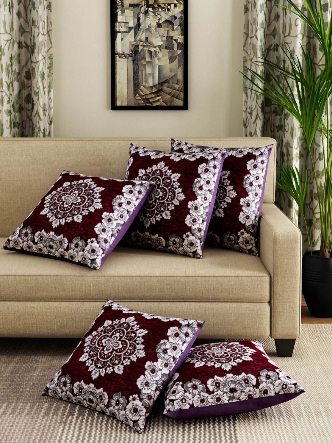 

Aura Purple & White 5 Pieces Floral Printed Square Cushion Covers