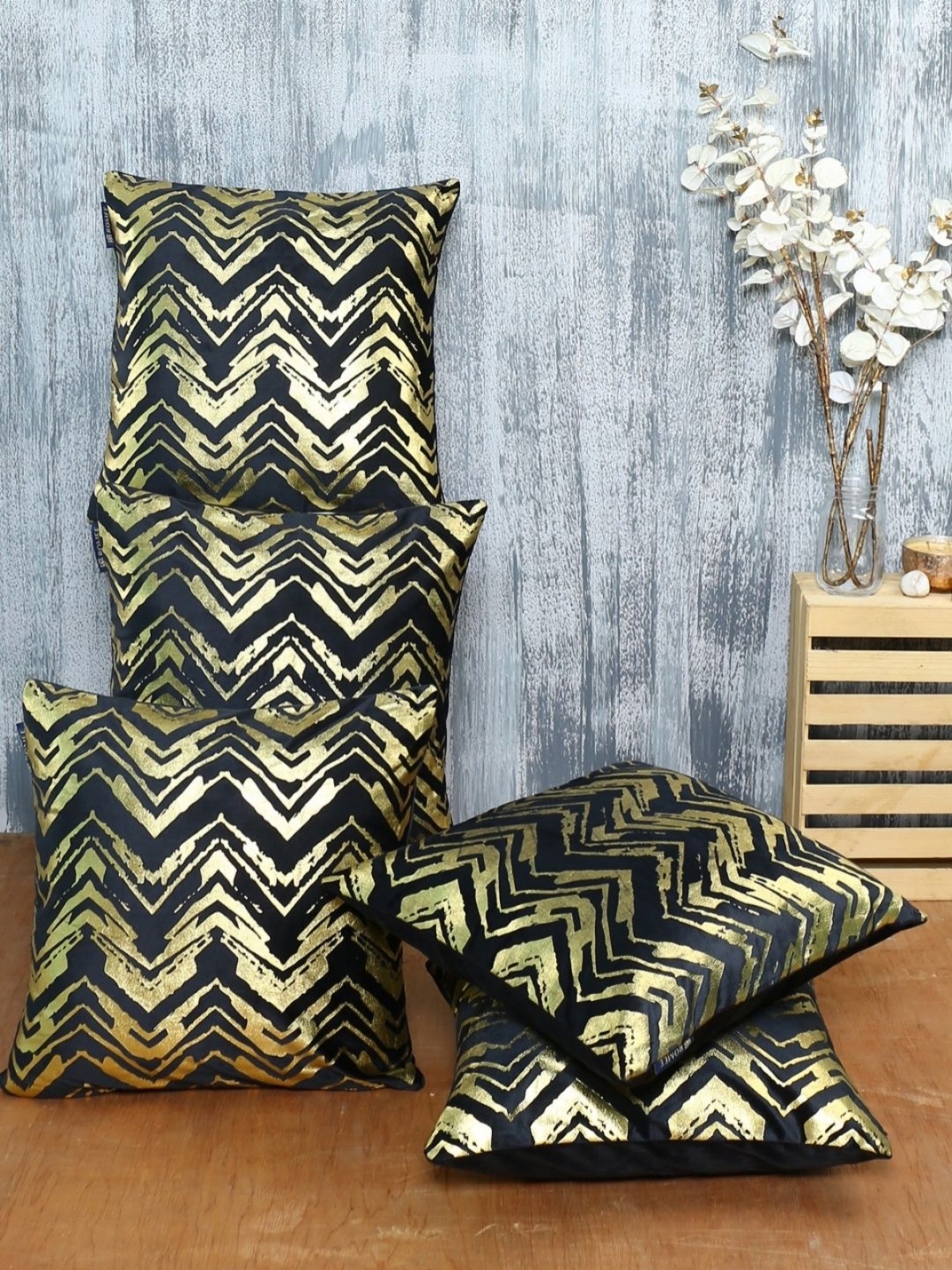 

Aura Black & Gold-Toned Set of 5 Velvet Square Cushion Covers