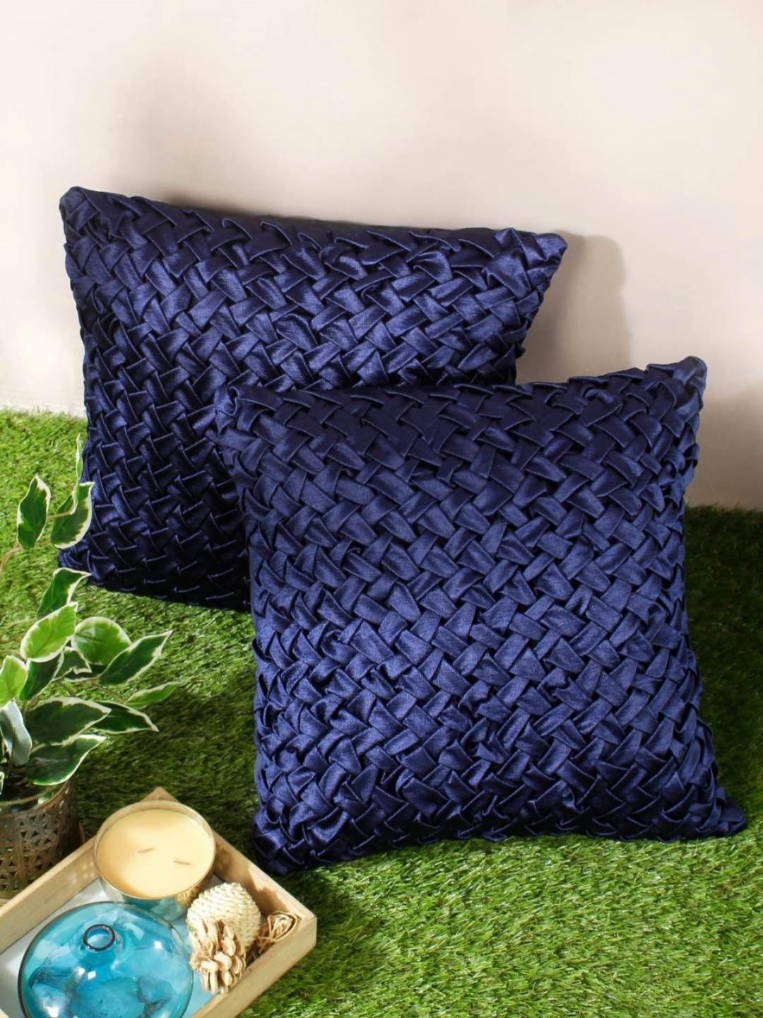 

Aura Navy Blue 2 Pieces Geometric Textured Square Cushion Covers