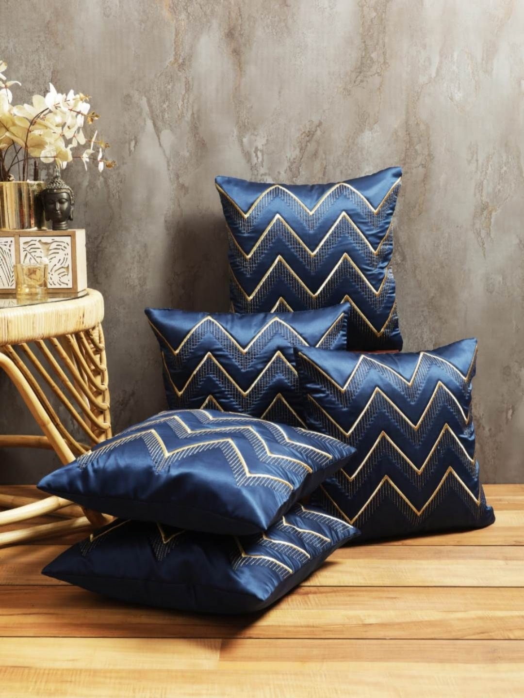 

Aura Blue & Gold-Toned 5 Pieces Geometric Embroidered Square Cushion Covers