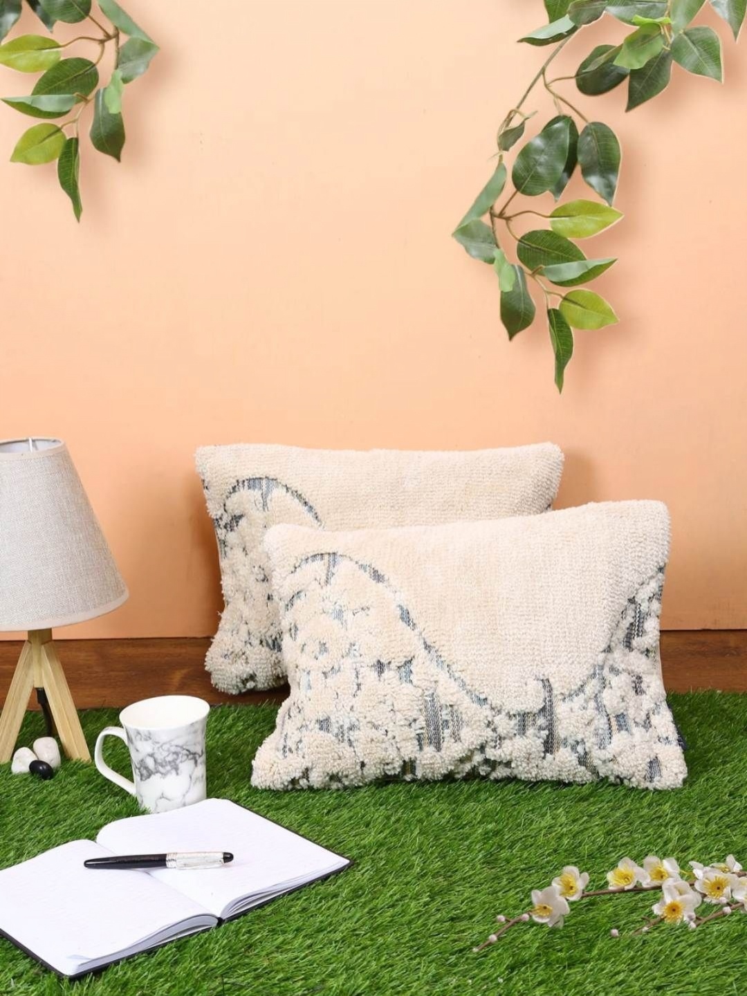 

Aura Cream & Grey 2 Pieces Abstract Printed Woollen Rectangle Cushion Covers