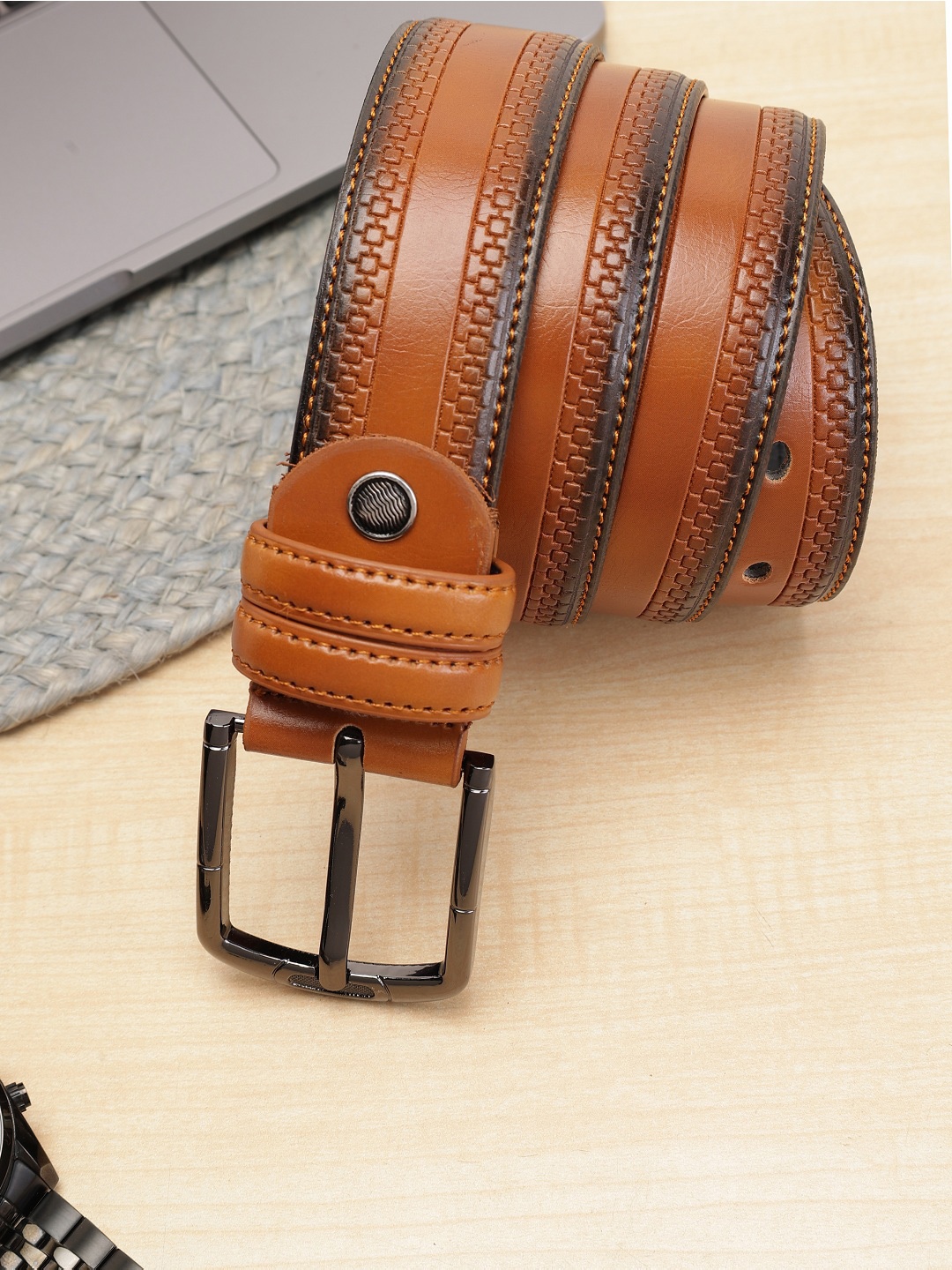 

ZEVORA Men Textured Leather Belt, Tan