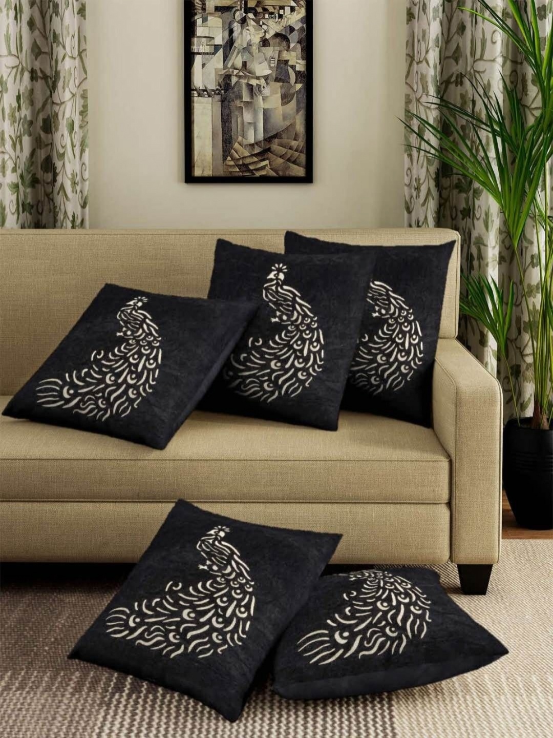 

Aura Black & Beige 5 Pieces Peacock Printed Velvet Square Cushion Covers