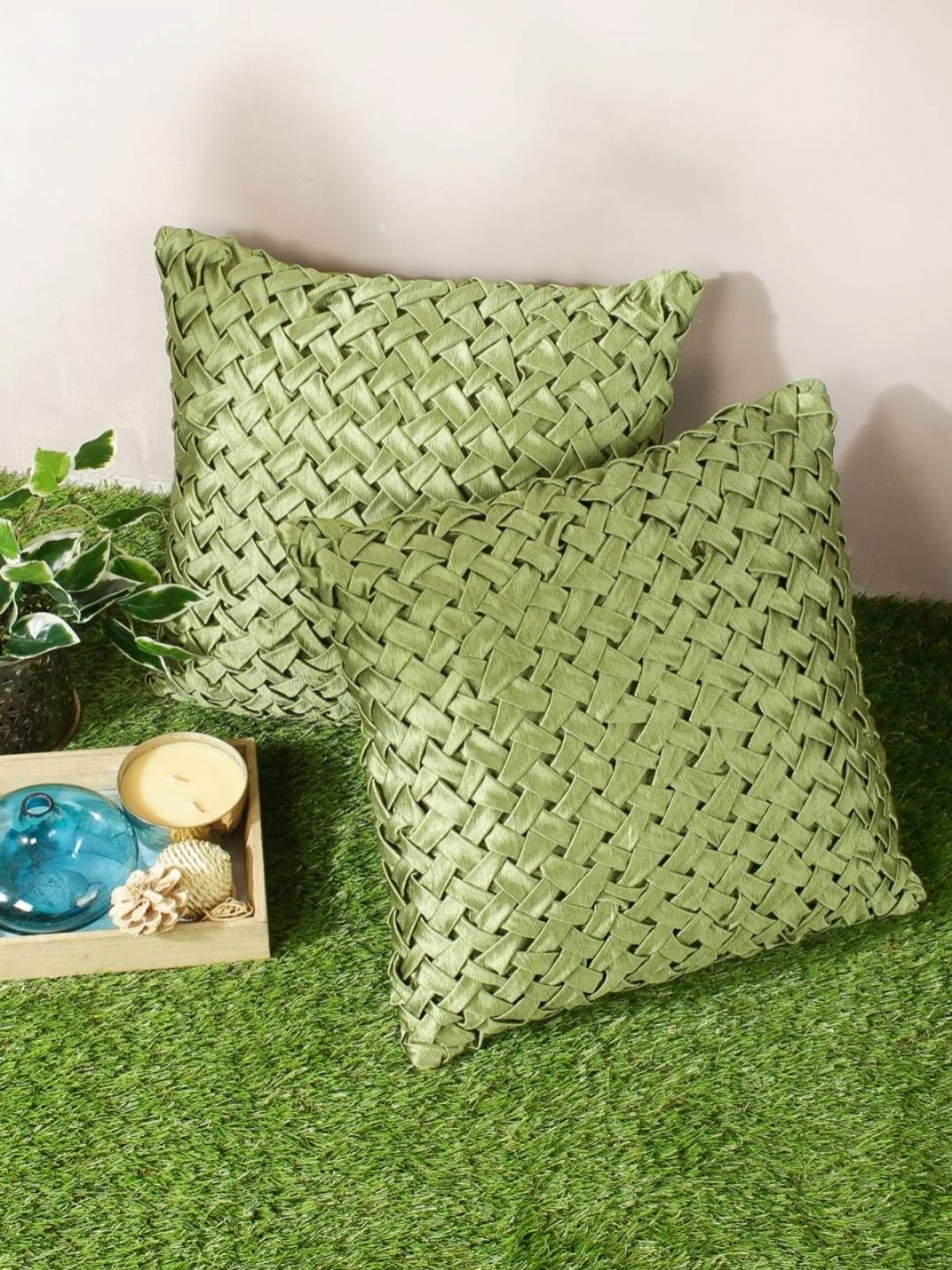 

Aura Green 2 Pieces Geometric Textured Square Cushion Covers