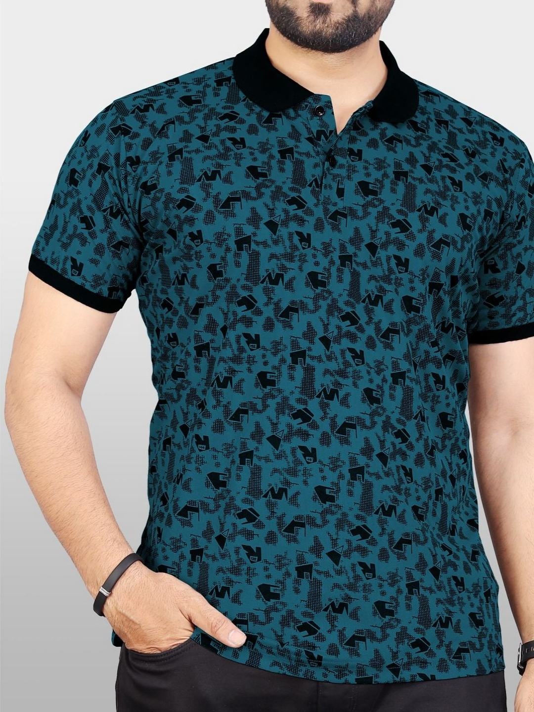 

VeBNoR Men Abstract Printed Polo Collar T-shirt, Teal