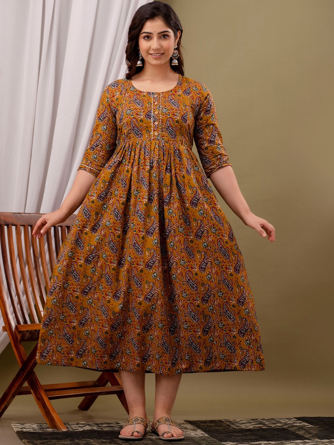 

MURLI KURTI Floral Printed Round Neck Maternity Cotton Fit and Flare Dress, Mustard