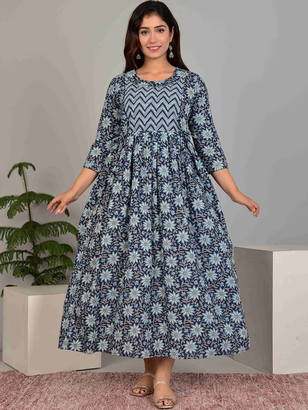 

MURLI KURTI Floral Printed Round Neck Maternity Cotton Fit and Flare Dress, Blue