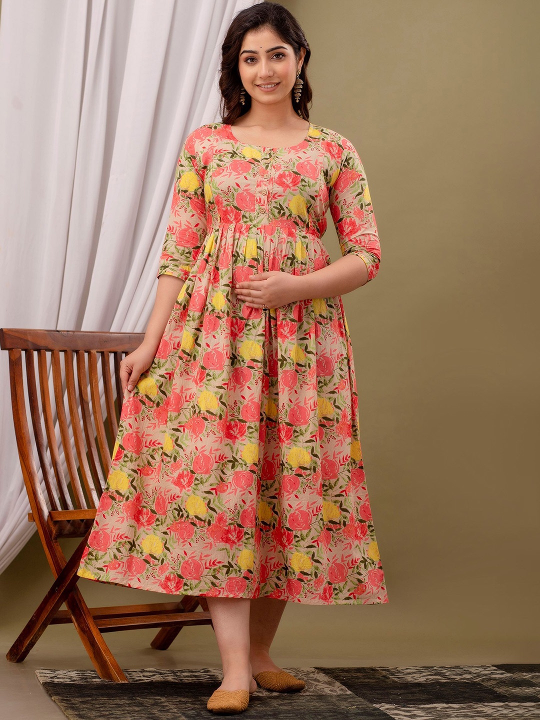 

MURLI KURTI Floral Printed Round Neck Maternity Cotton Fit and Flare Dress, Beige