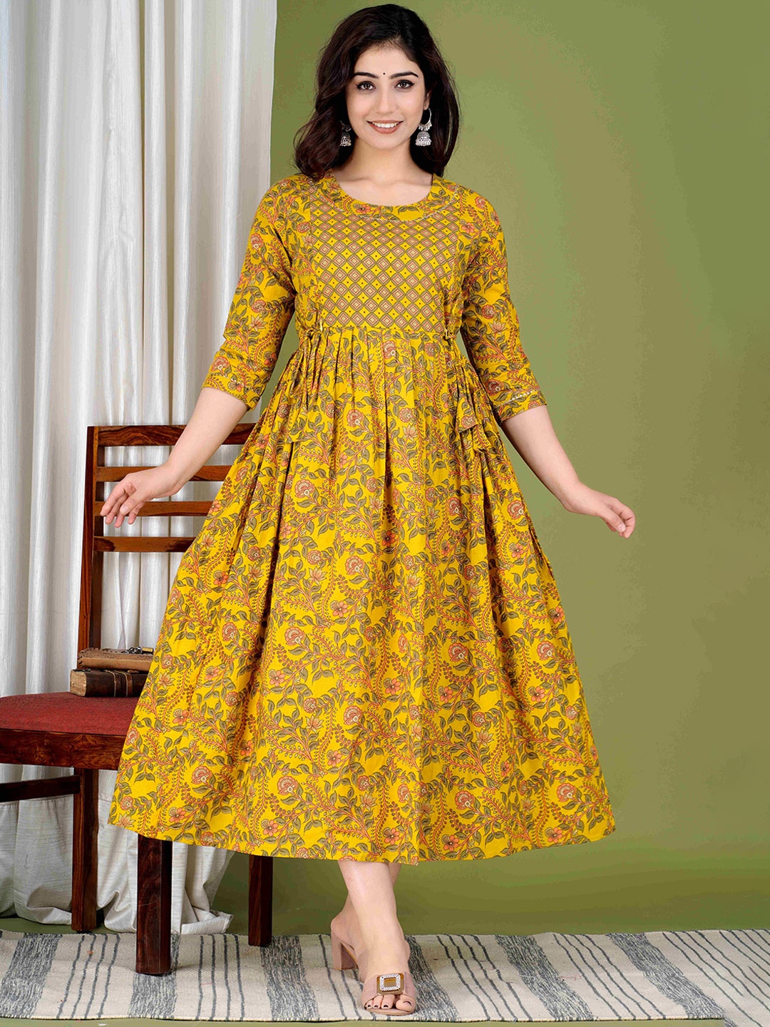 

MURLI KURTI Floral Printed Round Neck Maternity Cotton Fit and Flare Dress, Mustard
