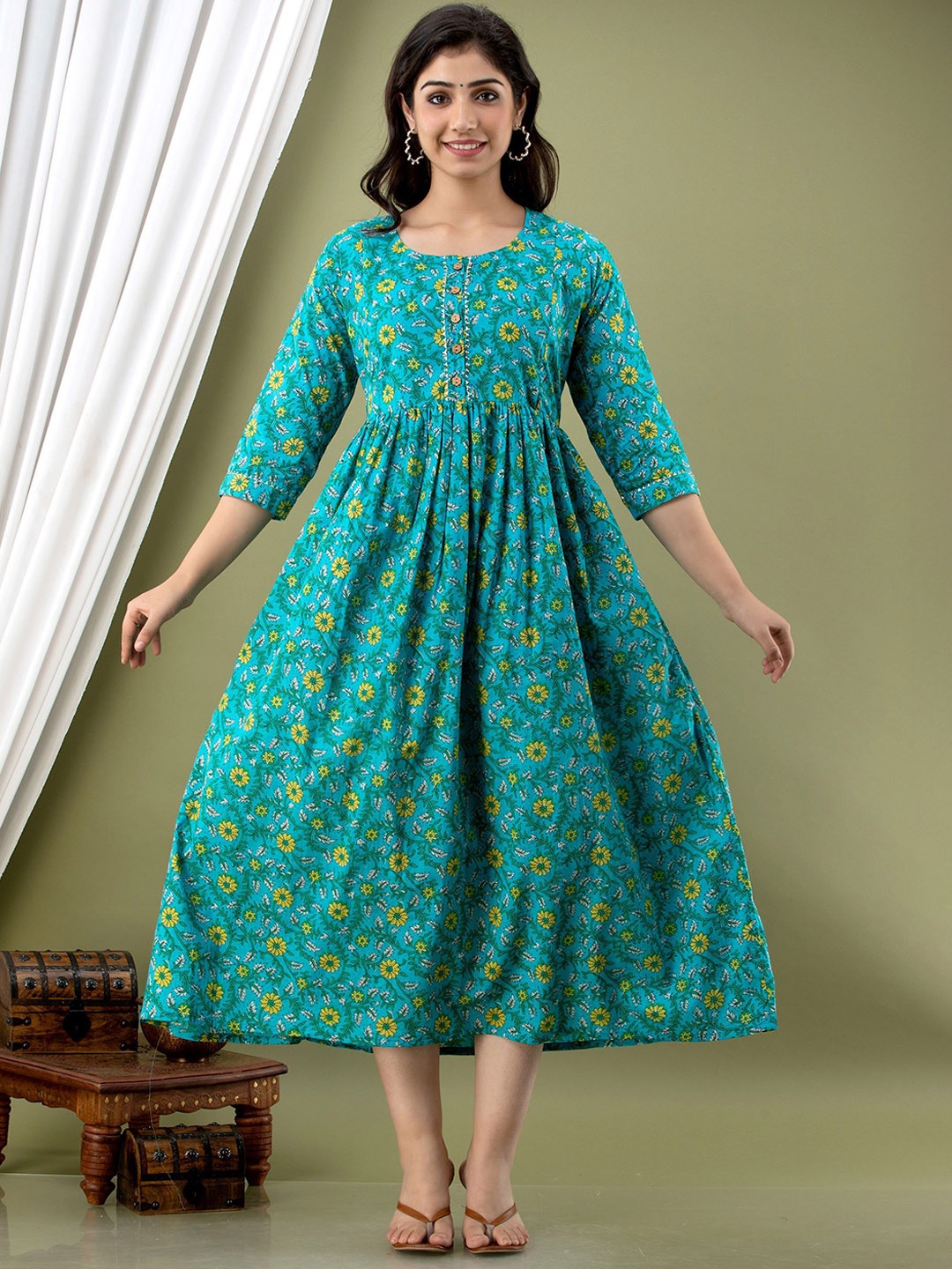 

MURLI KURTI Floral Printed Round Neck Maternity Cotton Fit and Flare Dress, Blue
