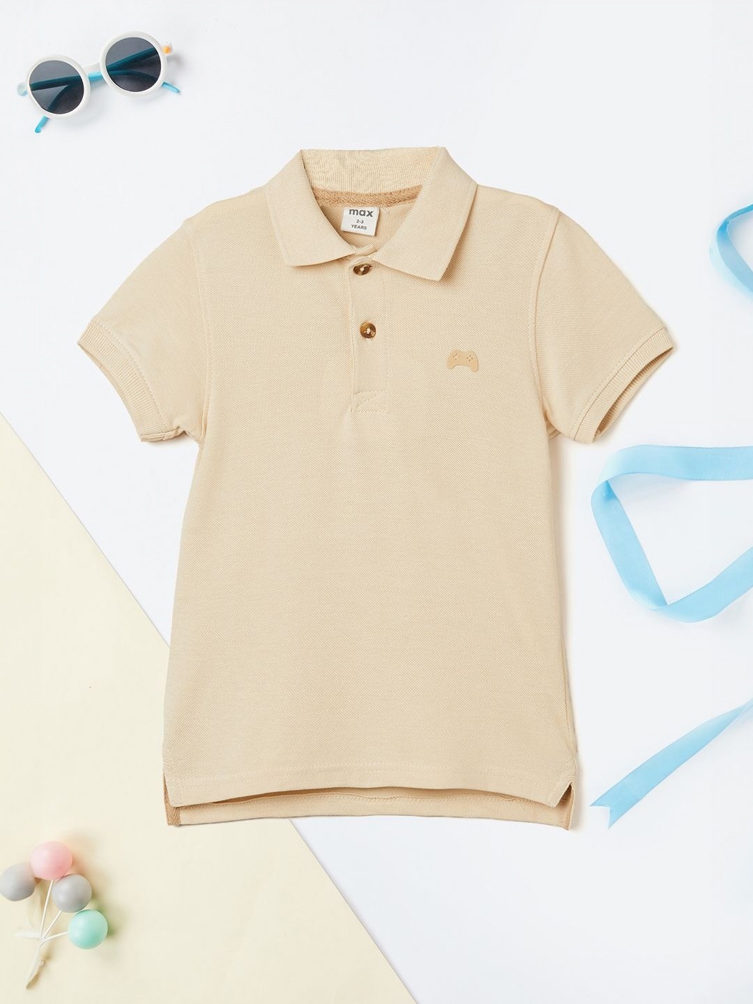 

max Boys Solid Polo Collar Cotton T-shirt, Beige