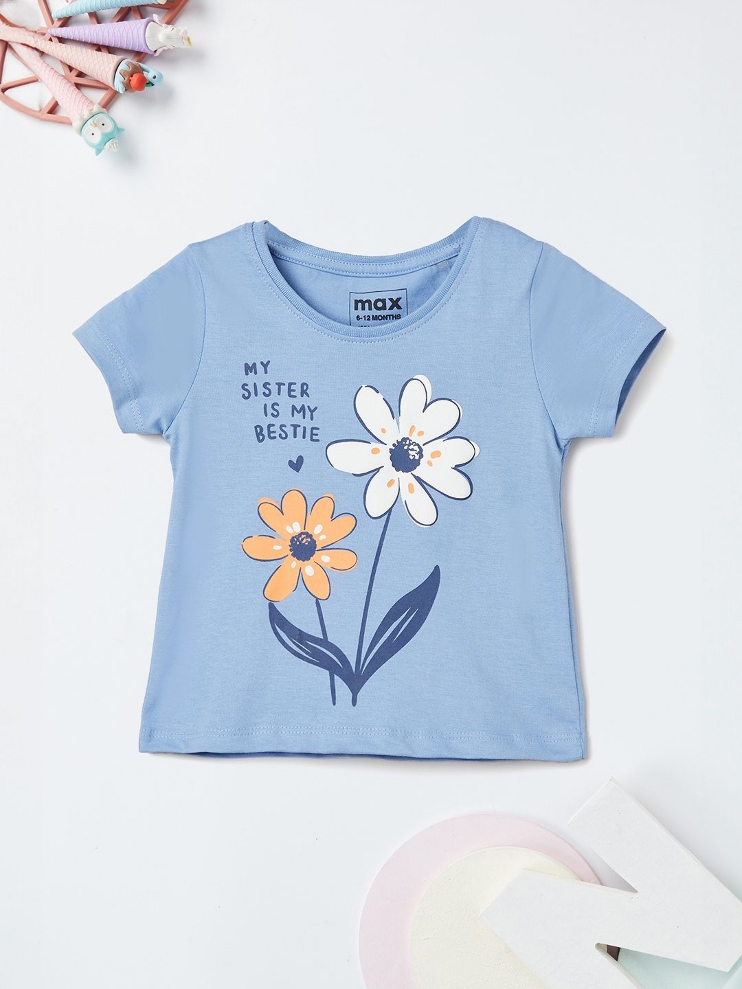 

max Girls Floral Printed Round Neck Cotton T-shirt, Blue